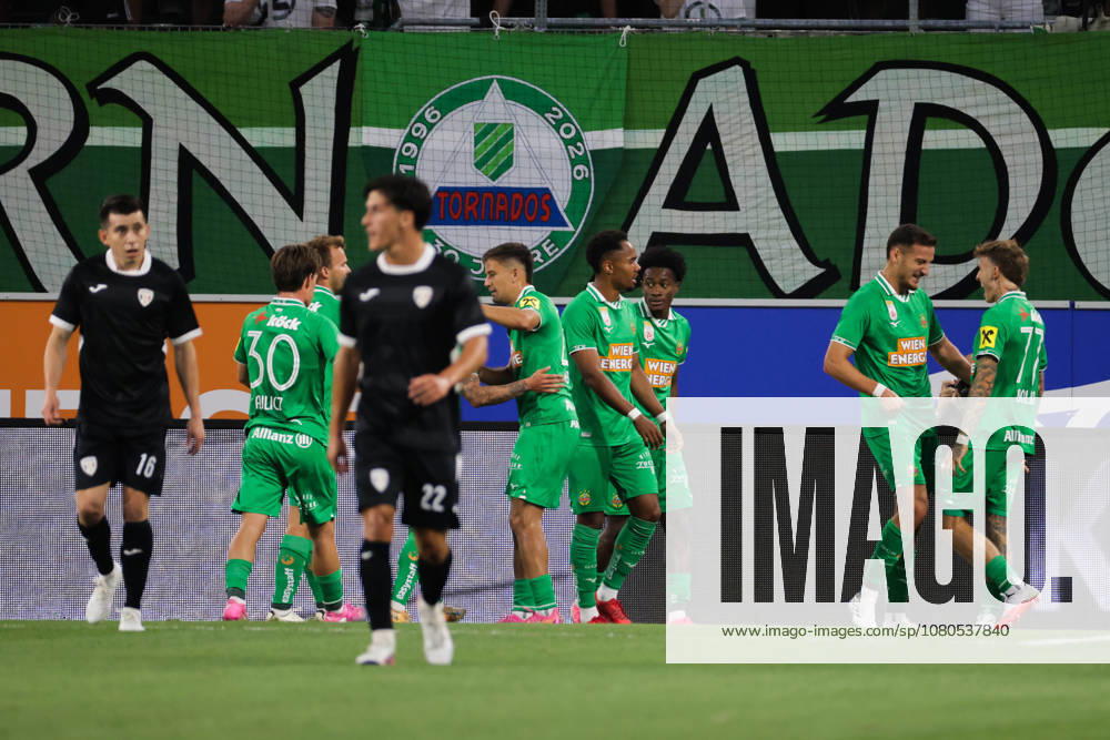 SOCCER - UEFA ECL, Rapid vs Coloma VIENNA,AUSTRIA,29.JUL.26 - SOCCER - UEFA Conference League, qualification, SK Rapid Wien vs FC Santa Coloma. Image shows the rejoicing of Rapid. GEPAxpictures Bitzan