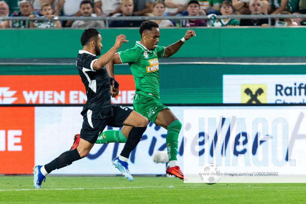 SOCCER - UEFA ECL, Rapid vs Coloma VIENNA,AUSTRIA,29.JUL.26 - SOCCER - UEFA Conference League, qualification, SK Rapid Wien vs FC Santa Coloma. Image shows Jorge Padilla (Coloma) and Moulaye Haidara (Rapid). GEPAxpictures xPhilippxBrem