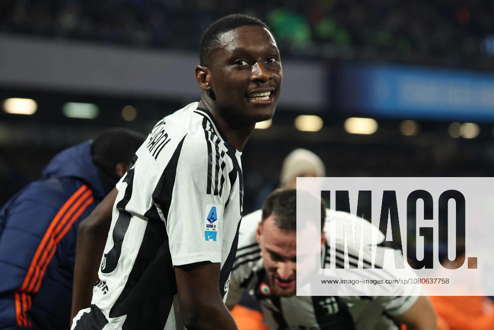 Juventus Randal Kolo Muani celebrates after scoring goal 0-1 during the Serie A soccer match between Napoli and Juventus at the Diego Armando Maradona Stadium in Naples, southern italy - Sunday , January 25 , 2025. - Soccer .
