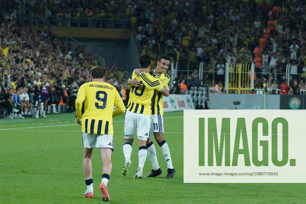 Mason Greenwood (R) and Fenerbahce players celebrates after scores a goal during the UEFA Champions League third qualifying round match between Fenerbahce and Sturm Graz at the Chobani Stadium, Fenerbahce Sukru Saracoglu Sports Complex in Istanbul, Turkey, on August 5, 2026. Kadikoy Turkey - ZUMAu194 20260805_zip_u194_009
