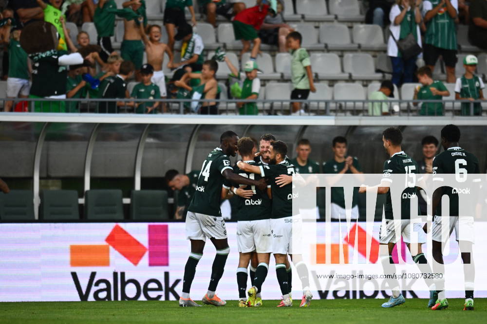 FK Jablonec soccer players celebrate a goal during the Football European Conference League 3rd qualifying round match FK Jablonec vs RFS Riga on August 6, 2026, in Jablonec nad Nisou, Czech Republic. (CTKxPhoto RadekxPetrasek) CTKPhotoP2026080606465 CTKPhotoP2026080606465