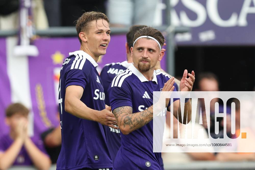 Anderlecht s Danylo Sikan and Anderlecht s Adriano Bertaccini celebrate after winning a soccer match between RSC Anderlecht and RAAL La Louviere, Sunday 9 August 2026 in Anderlecht, on day 1 of the 2026-2027 Jupiler Pro League first division of the Belgian championship. BRUNOxFAHY x183039489x
