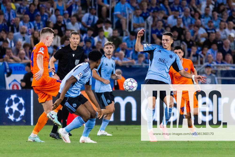 Rahim Ibrahim of SK Slovan Bratislava and Svetozar Markovic of SK Slovan Bratislava seen during UEFA Champions league first play-off game between teams of SK Slovan Bratislava and Celje (Dominika Kortvelyesiova Ball Raw Images) Bratislava Tehelne Pole stadium Slovakia