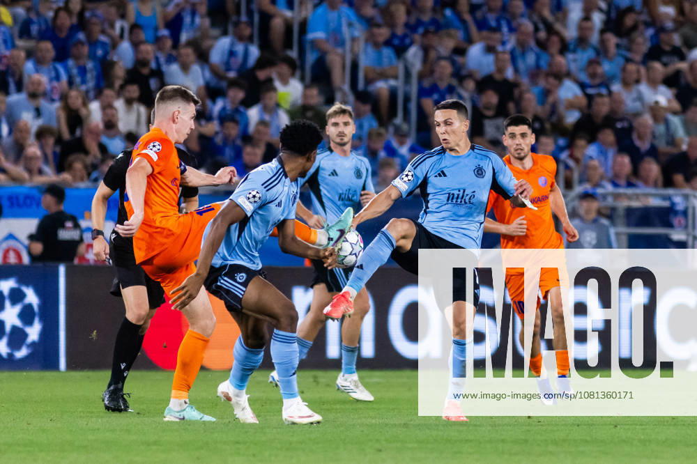Rahim Ibrahim of SK Slovan Bratislava and Svetozar Markovic of SK Slovan Bratislava seen during UEFA Champions league first play-off game between teams of SK Slovan Bratislava and Celje (Dominika Kortvelyesiova Ball Raw Images) Bratislava Tehelne Pole stadium Slovakia