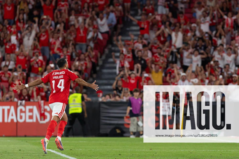 Benfica forward from Greece VANGELIS PAVLIDIS (14) celebrating after scoring a goal during the game for the 1st Leg of UEFA Europa League Qualifier Playoff between Benfica and Aarhus at Estadio da Luz Soccer 2026: Benfica Vs Napoli - ZUMAs359 20260820_zsp_s359_024