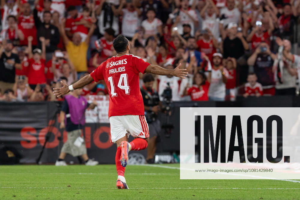 Benfica forward from Greece VANGELIS PAVLIDIS (14) celebrating after scoring a goal during the game for the 1st Leg of UEFA Europa League Qualifier Playoff between Benfica and Aarhus at Estadio da Luz Soccer 2026: Benfica Vs Napoli - ZUMAs359 20260820_zsp_s359_025