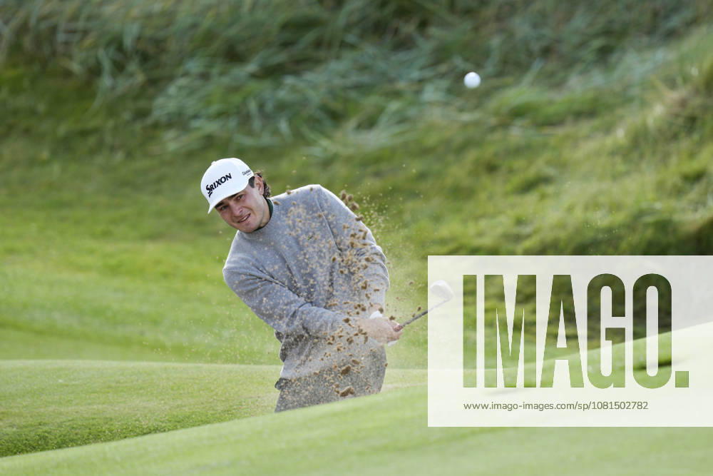 BALMEDIE, SCOTLAND - AUG 21: Maximilian Steinlechner (AUT) plays from a green side bunker on the 1st hole during Round 2 at the 2026 Nexo Championship at the Trump International Golf Links, Balmedie on August 21, 2026 in Aberdeenshire, Scotland The 2026 Nexo Championship