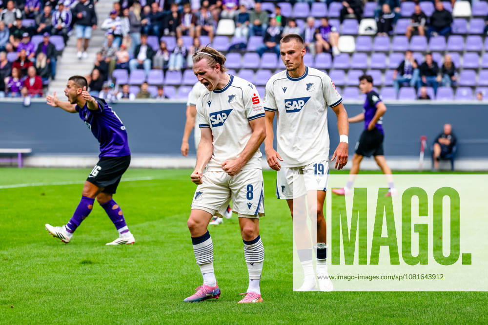 Patrick Wimmer (TSG 1899 Hoffenheim, 08) Jubel, Torjubel, jubelt ueber Tor zum 0:3, Tim Lemperle (TSG 1899 Hoffenheim, 19), Patrick Kapp (FC Erzgebirge Aue, 16) regt sich ueber entscheidung auf, FC Erzgebirge Aue vs. TSG Hoffenheim, Fussball, DFB Pokal, 1. Runde, Saison 2026 2027, 22.08.2026,¨ DFL REGULATIONS PROHIBIT ANY USE OF PHOTOGRAPHS AS IMAGE SEQUENCES AND OR QUASI-VIDEO,¨ FC Erzgebirge Aue vs. TSG Hoffenheim, Fussball, DFB Pokal, 1. Runde, Saison 2026 2027, 22.08.2026, Aue