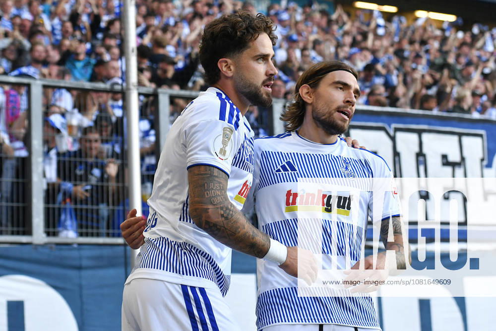 Fußball DFB-Pokal 1. Runde MSV Duisburg - SV Elversberg am 22.08.2026 in der Schauinsland-Reisen-Arena in Duisburg Torjubel zum 1:1 durch Lex Tyger Lobinger ( Duisburg ) DFB regulations prohibit any use of photographs as image sequences and or quasi-video.