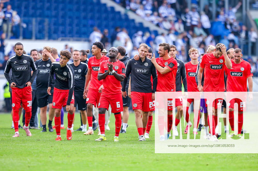 2026.08.22, Fußball, DFB-Pokal, MSV Duisburg - SV Elversberg, Schauinsland-Reisen-Arena, 1.Runde, Saison 2026 2027: Das Gastteam aus Elversberg feiert den Sieg DFB regulations prohibit any use of photographs as image sequences and or quasi-video. Photo: WilkowskixPressefotoKochx Nordrhein-Westfalen Deutschland