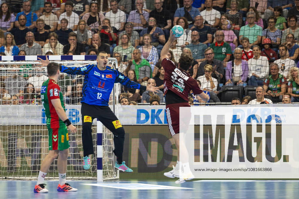 Shot on goal by Hakun West Av Teigum (Füchse Berlin, 34) against Matej Mandic (SC Magdeburg, 12), SC Magdeburg vs. Füchse Berlin, Handball, HBL, REXEL SUPER CUP, 2026, 22.08.2026 Munich SAP Garden Germany