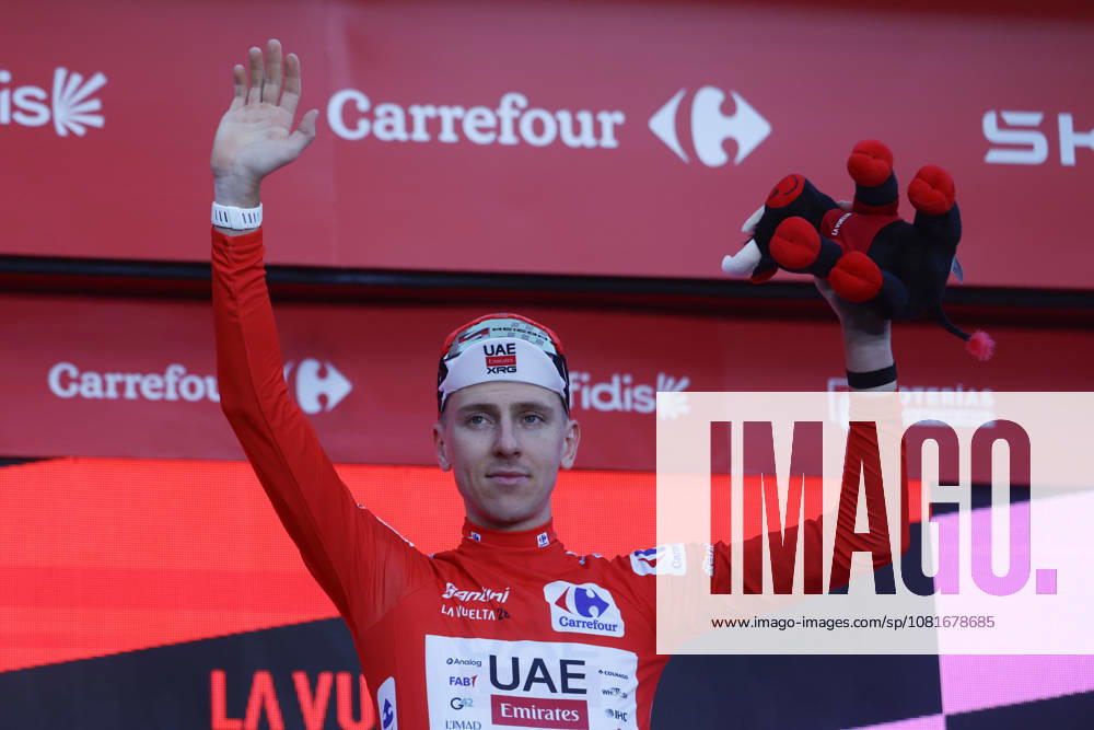 Slovene rider Tadej Pogacar (UAE Emirates) reacts at the podium after winning Tour of Spain s first stage, a 9.4 kilometers time trial in Monaco, 22 August 2026. First stage. Time trial in Monaco (9.4 km) !ACHTUNG: NUR REDAKTIONELLE NUTZUNG!