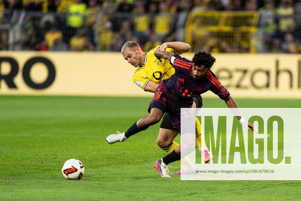 GER Deutschland, Fussball, Saison 2026 2027, Franz Beckenbauer Supercup - Borussia Dortmund vs FC Bayern München Muenchen Zweikampf zwischen Nathaniel Brown (FC Bayern München Muenchen, 11) und Julian Ryerson (Borussia Dortmund, 26) Dortmund Signal Iduna Park Nordrhein-Westfalen (NRW) Deutschland