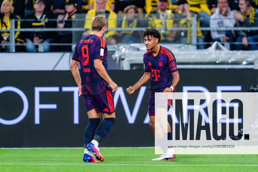 Supercup, Deutschland, Borussia Dortmund vs. FC Bayern München, 22.08.2026 im Signal Iduna Park Tor und Jubel zum 0:1 durch Nathaniel Brown mit Harry Kane und Joshua Kimmich