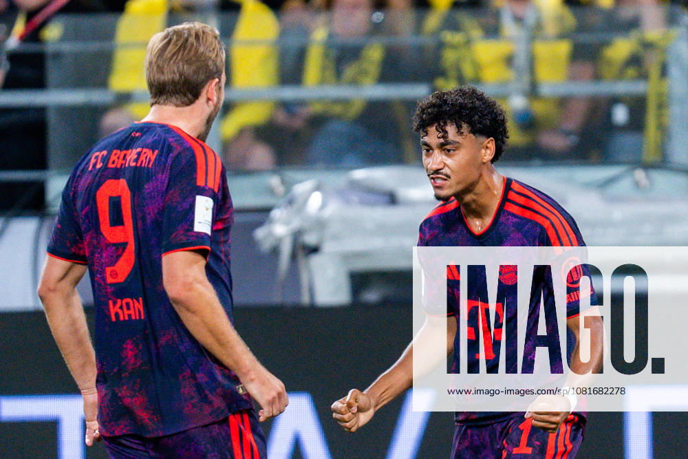 Supercup, Deutschland, Borussia Dortmund vs. FC Bayern München, 22.08.2026 im Signal Iduna Park Tor und Jubel zum 0:1 durch Nathaniel Brown mit Harry Kane und Joshua Kimmich