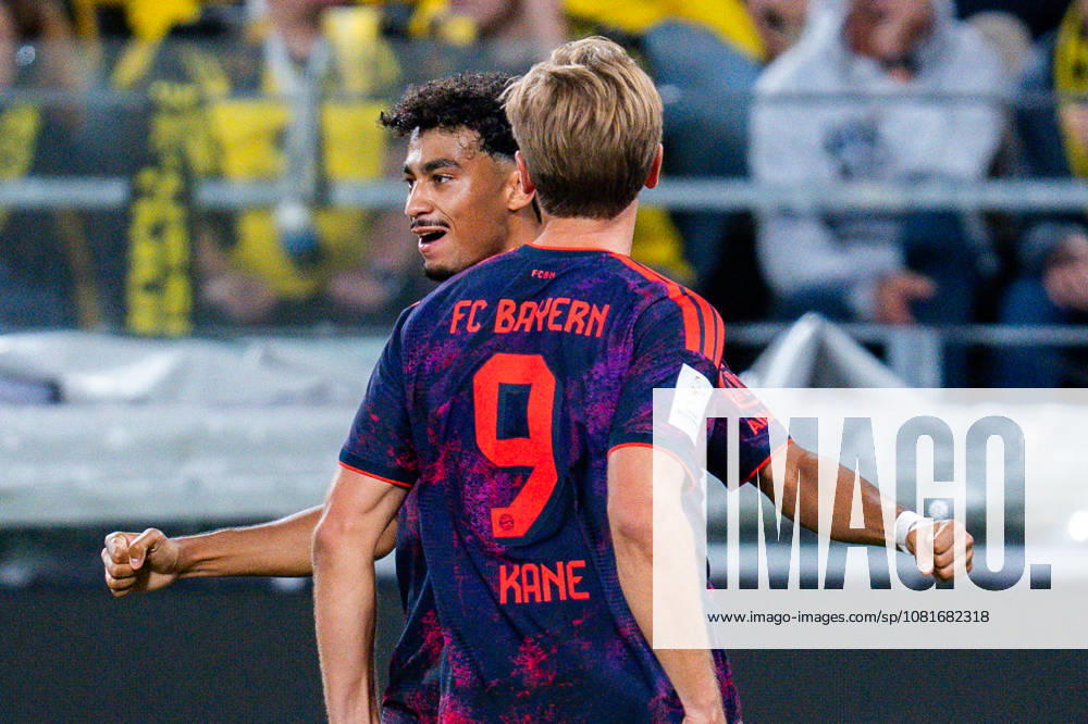 Supercup, Deutschland, Borussia Dortmund vs. FC Bayern München, 22.08.2026 im Signal Iduna Park Tor und Jubel zum 0:1 durch Nathaniel Brown mit Harry Kane und Joshua Kimmich