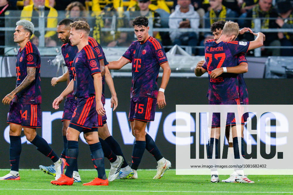 Supercup, Deutschland, Borussia Dortmund vs. FC Bayern München, 22.08.2026 im Signal Iduna Park Tor und Jubel zum 0:1 durch Nathaniel Brown mit Harry Kane und Joshua Kimmich Konrad Laimer
