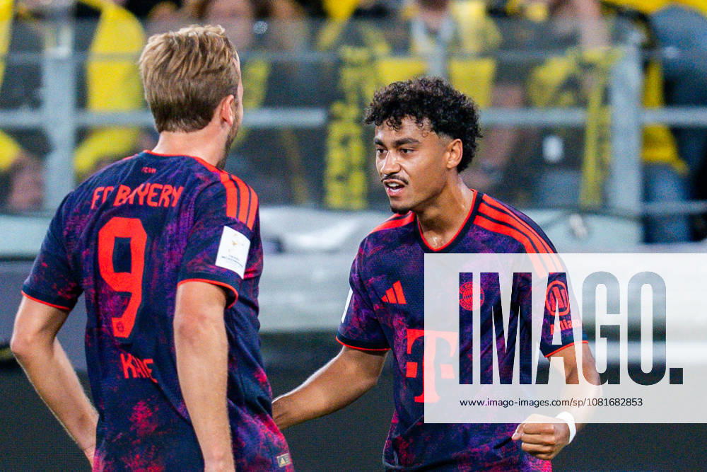 Supercup, Deutschland, Borussia Dortmund vs. FC Bayern München, 22.08.2026 im Signal Iduna Park Tor und Jubel zum 0:1 durch Nathaniel Brown mit Harry Kane und Joshua Kimmich