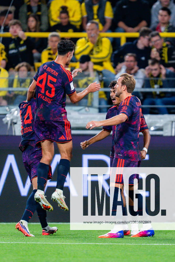 Supercup, Deutschland, Borussia Dortmund vs. FC Bayern München, 22.08.2026 im Signal Iduna Park Tor und Jubel zum 0:1 durch Nathaniel Brown mit Harry Kane und Joshua Kimmich