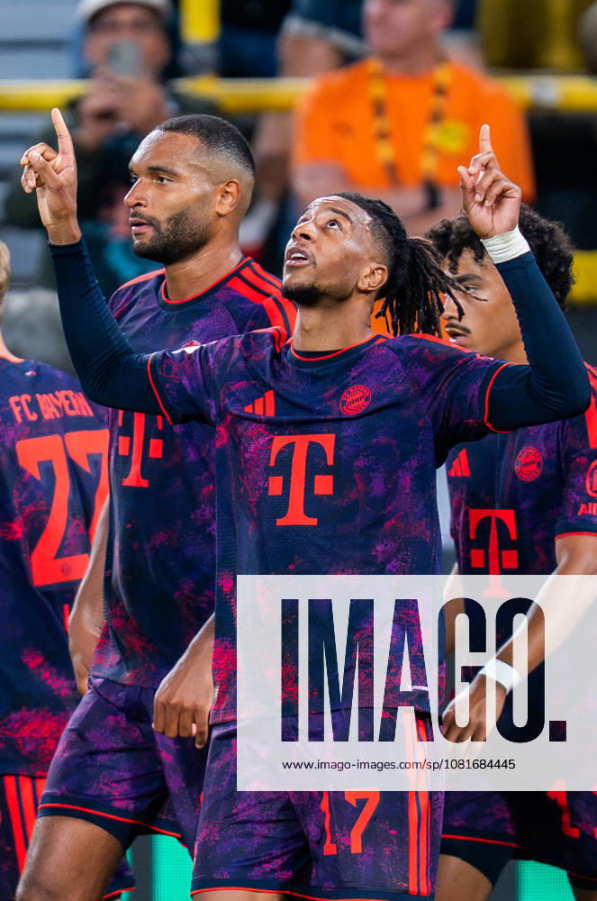 Supercup, Deutschland, Borussia Dortmund vs. FC Bayern München, 22.08.2026 im Signal Iduna Park Tor und Jubel zum 0:2 durch Michael Olise Jubel mit Harry Kane Joshua Kimmich Jonathan Tah Nathaniel Brown Aleksandar Pavlovic