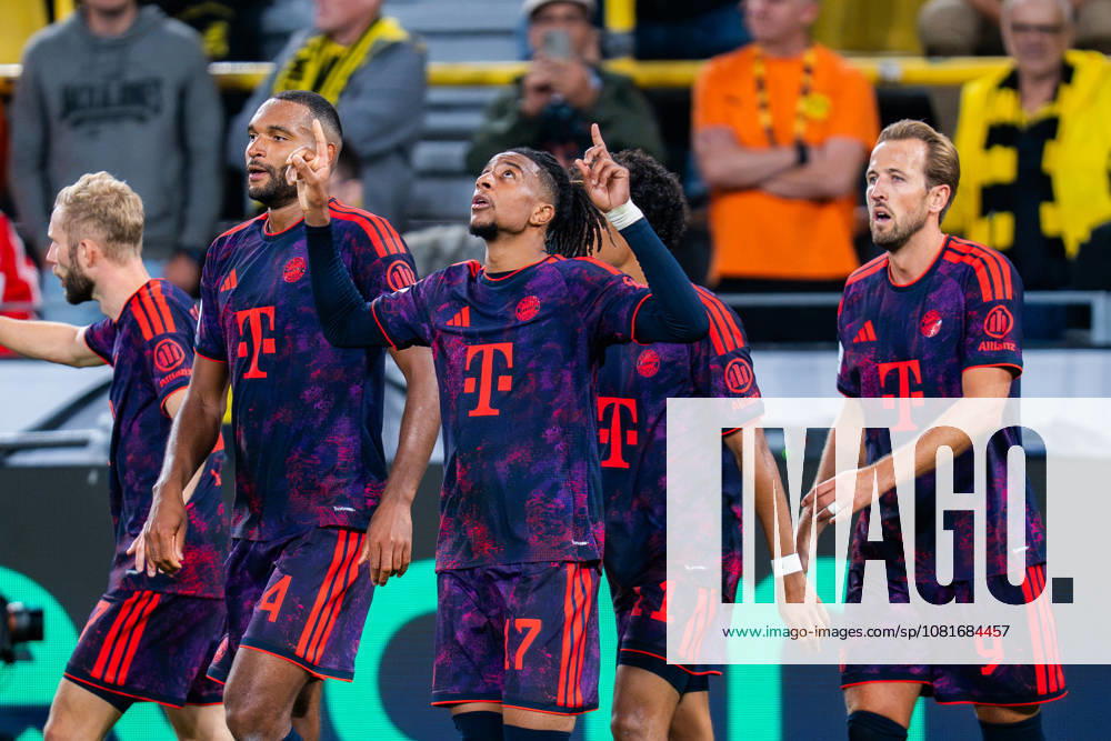 Supercup, Deutschland, Borussia Dortmund vs. FC Bayern München, 22.08.2026 im Signal Iduna Park Tor und Jubel zum 0:2 durch Michael Olise Jubel mit Harry Kane Joshua Kimmich Jonathan Tah Nathaniel Brown Aleksandar Pavlovic