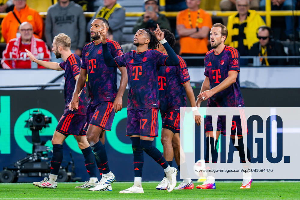 Supercup, Deutschland, Borussia Dortmund vs. FC Bayern München, 22.08.2026 im Signal Iduna Park Tor und Jubel zum 0:2 durch Michael Olise Jubel mit Harry Kane Joshua Kimmich Jonathan Tah Nathaniel Brown Aleksandar Pavlovic
