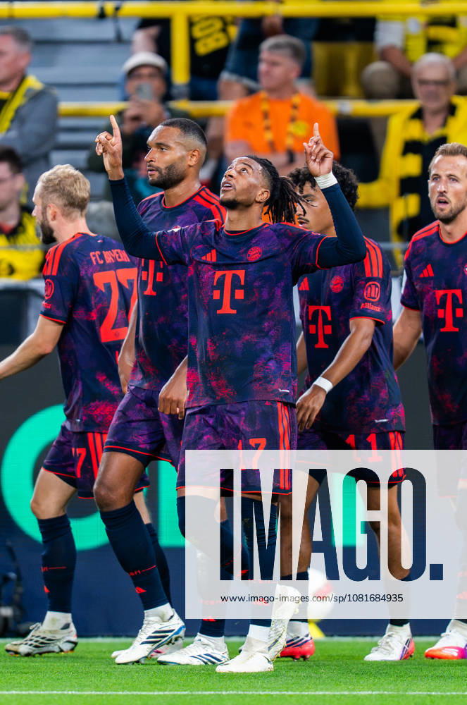 Supercup, Deutschland, Borussia Dortmund vs. FC Bayern München, 22.08.2026 im Signal Iduna Park Tor und Jubel zum 0:2 durch Michael Olise Jubel mit Harry Kane Joshua Kimmich Jonathan Tah Nathaniel Brown Aleksandar Pavlovic