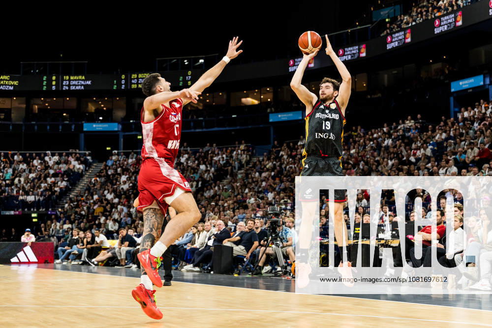 Kay Bruhnke (Germany, 19) shooting a three pointer over Karlo Matkovic (Croatia, 17) during the Turkish Airlines Basketball Supercup final match between Germany vs. Croatia at Barclays Arena on August 22, 2026 in Hamburg, Germany. Hamburg Germany
