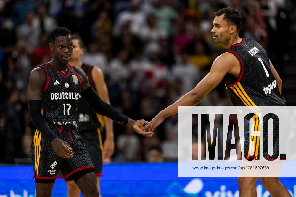 Dennis Schroeder (Schröder, Schroder, Germany, 17) and Oscar Da Silva (Germany, 1) shake hands during the Turkish Airlines Basketball Supercup final match between Germany vs. Croatia at Barclays Arena on August 22, 2026 in Hamburg, Germany. Hamburg Germany