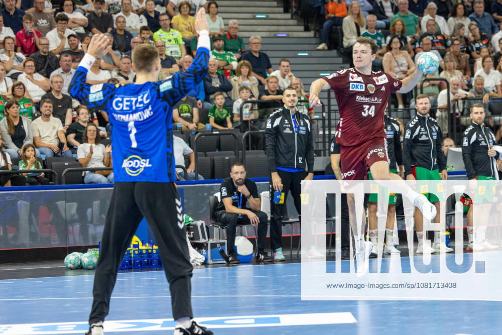 Shot on goal by Hakun West Av Teigum (Füchse Berlin, 34), SC Magdeburg vs. Füchse Berlin, Handball, HBL, REXEL SUPER CUP, 2026, 22.08.2026 Munich SAP Garden Germany