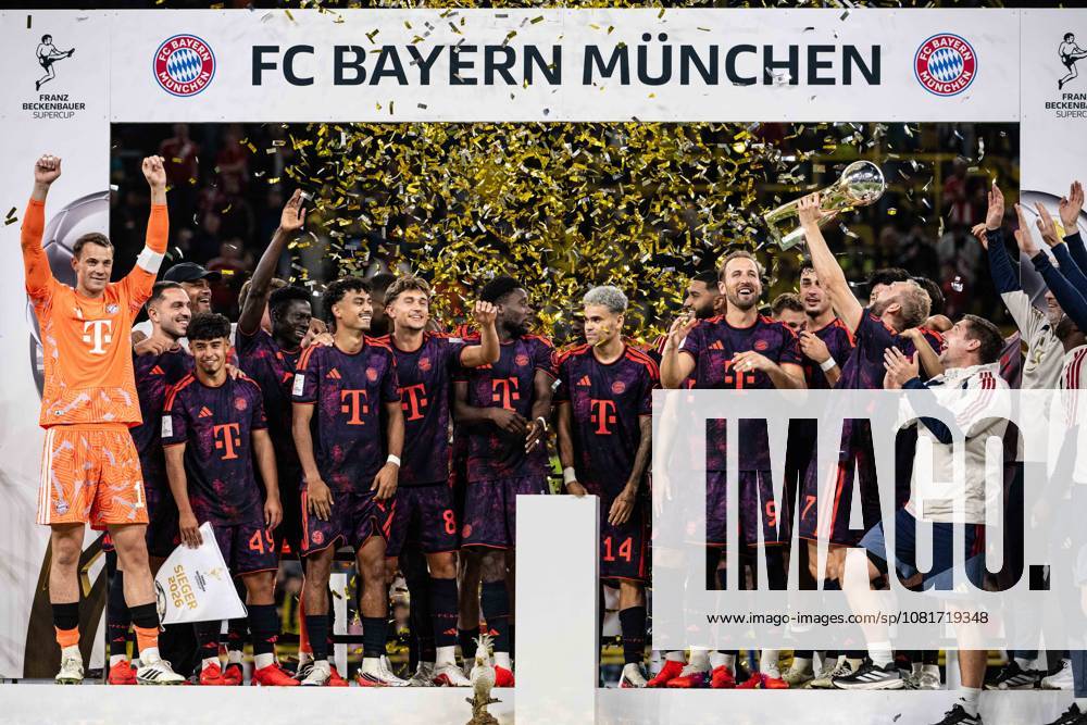 Konrad Laimer 27 (FC Bayern Muenchen) mit Pokal, Borussia Dortmund vs. FC Bayern Muenchen, Fussball, Franz Beckenbauer Supercup, 22.08.2026 DFB regulations prohibit any use of photographs as image sequences and or quasi-video Dortmund Nordrhein-Westfalen Deutschland