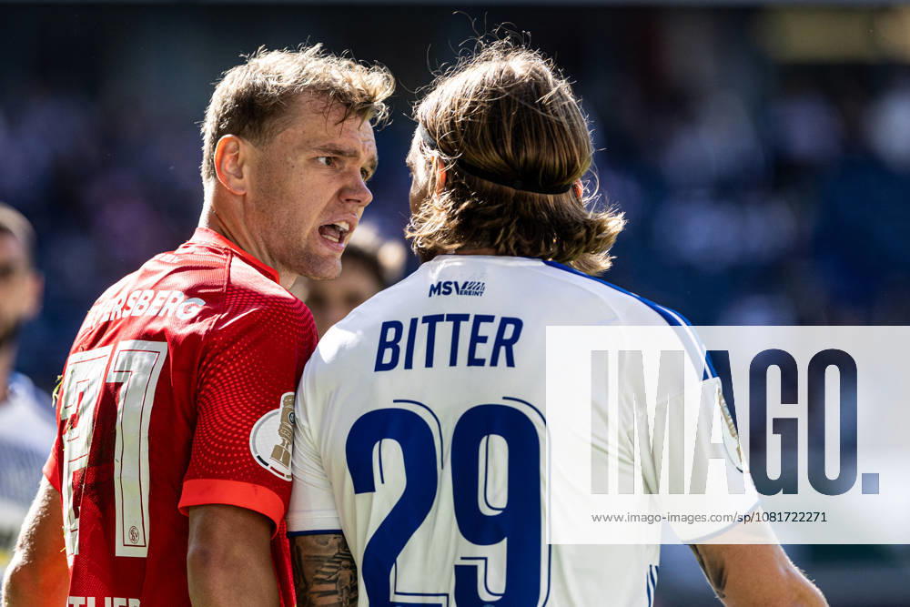 DFB-Pokal, 2026 2027, 1. Runde: MSV Duisburg - SV 07 Elversberg; 22.08.2026 Lasse Günther (SV 07 Elversberg, 21), Joshua Bitter (MSV Duisburg, 29) DFB-Pokal, 2026 2027, 1. Runde: MSV Duisburg - SV 07 Elversberg; Schauinsland-Reisen-Arena, Duisburg; 22.08.2026 DFB regulations prohibit any use of photographs as image sequences and or quasi video.