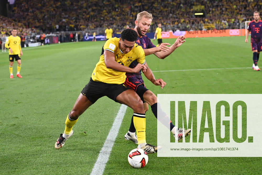 Jobe BELLINGHAM (DO) gegen Konrad LAIMER (M) Aktion, Zweikampf, Fussball DFL Franz Beckenbauer Supercup 2026 Borussia Dortmund - FC Bayern Muenchen 1-2 am 22.08.2026 in Dortmund Deutschland. DFL regulations prohibit any use of photographs as image sequences and or quasi-video Â