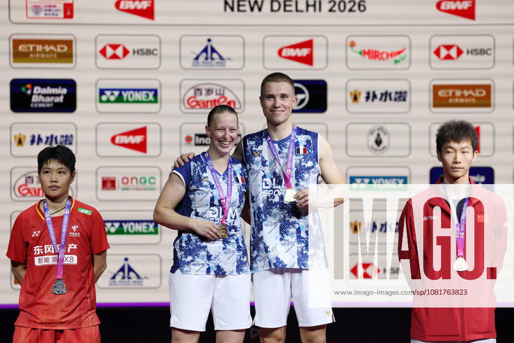 Thom Gicquel of France and Delphine Delrue of France during medal ceremony of a final match of mix double during the BWF World Championships 2026 at Indira Gandhi Indoor Stadium, in New Delhi on August 23, 2026. New Delhi India
