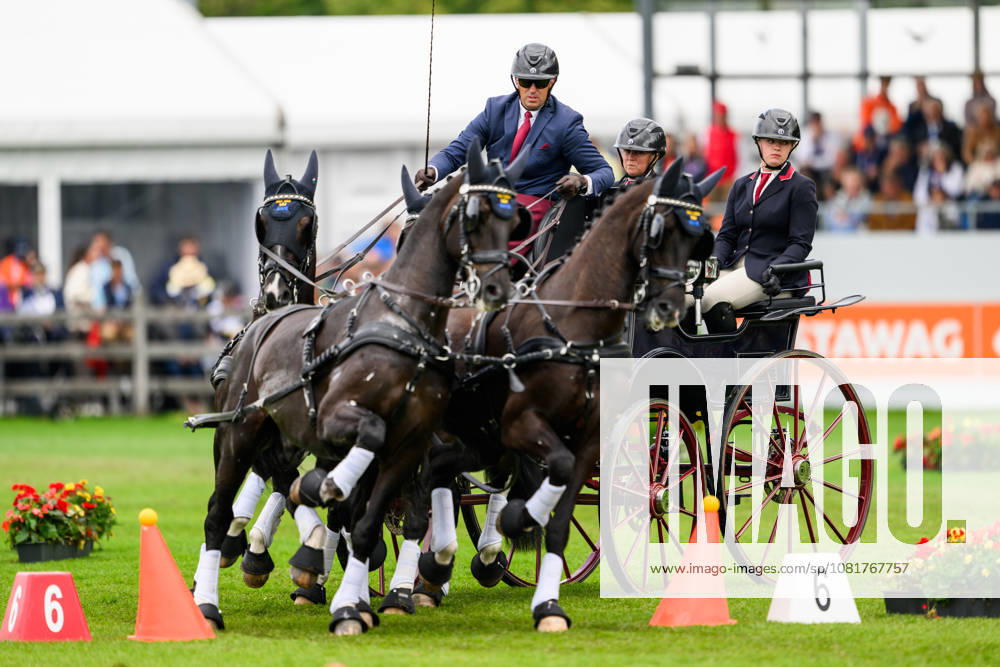 Fredrik Persson of Sweden with horses Fasco, Kaptain, Judson and Kermit compete in the Four-in-Hand cones during day 13 of the 2026 FEI World Championships on August 23, 2026 in Aachen. Photo: Emma Wallskog BILDBYRAN kod EW EW0700 fyrspann drivning körning koner precision