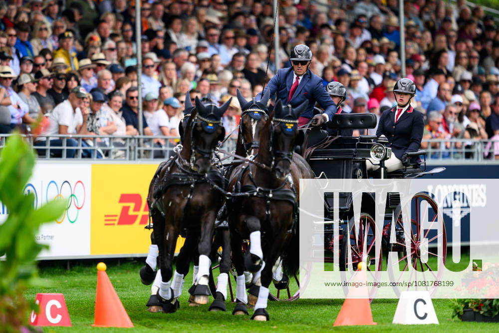 Fredrik Persson of Sweden with horses Fasco, Kaptain, Judson and Kermit compete in the Four-in-Hand cones during day 13 of the 2026 FEI World Championships on August 23, 2026 in Aachen. Photo: Emma Wallskog BILDBYRAN kod EW EW0700 fyrspann drivning körning koner precision
