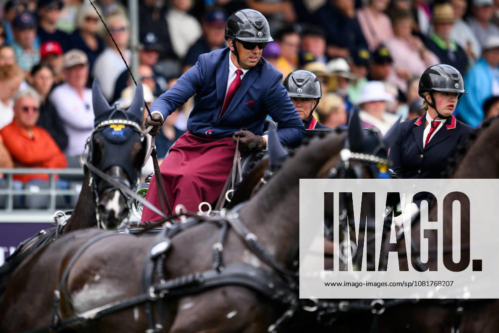 Fredrik Persson of Sweden with horses Fasco, Kaptain, Judson and Kermit compete in the Four-in-Hand cones during day 13 of the 2026 FEI World Championships on August 23, 2026 in Aachen. Photo: Emma Wallskog BILDBYRAN kod EW EW0700 fyrspann drivning körning koner precision