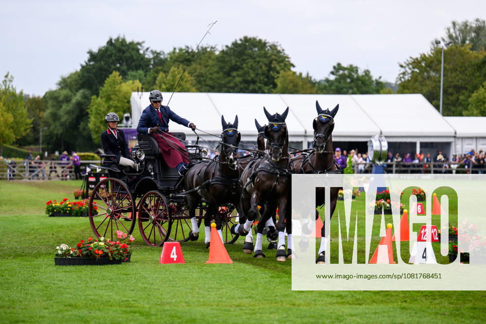 Fredrik Persson of Sweden with horses Fasco, Kaptain, Judson and Kermit compete in the Four-in-Hand cones during day 13 of the 2026 FEI World Championships on August 23, 2026 in Aachen. Photo: Emma Wallskog BILDBYRAN kod EW EW0700 fyrspann drivning körning koner precision