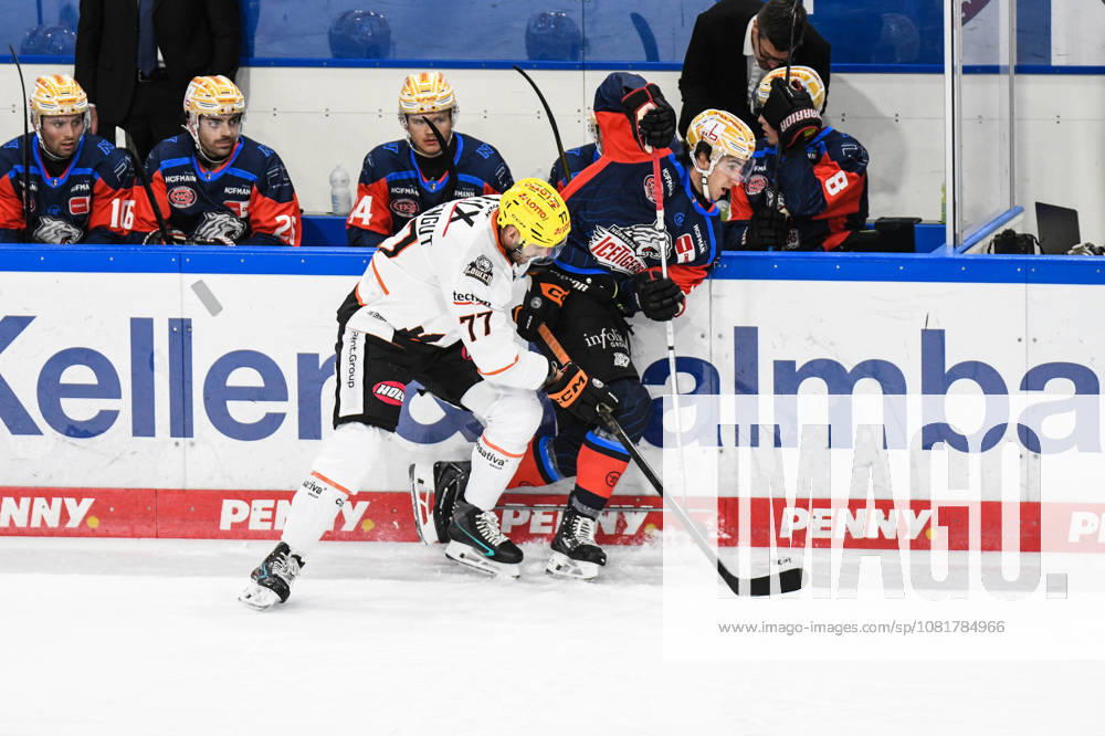 Nuernberg Ice Tigers vs. Loewen Frankfurt, Eishockey, Deutsche Eishockey Liga, Penny DEL, Vorbereitungsspiel, Gaeuboden Cup, Saison 2026 2027 am 23.08.2026 Jakob Weber (Nuernberg Ice Tigers), an der Bande mit Daniel Pfaffengut (Loewen Frankfurt), Eishockey Herren, Deutsche Eishockey Liga, Penny DEL, Vorbereitungsspiel, Gaeuboden Cup, Saison 2026 2027 am 23.08.2026 im Eisstadion am Pulverturm, Nuernberg Ice Tigers (blau) gegen Loewen Frankfurt (weiss)