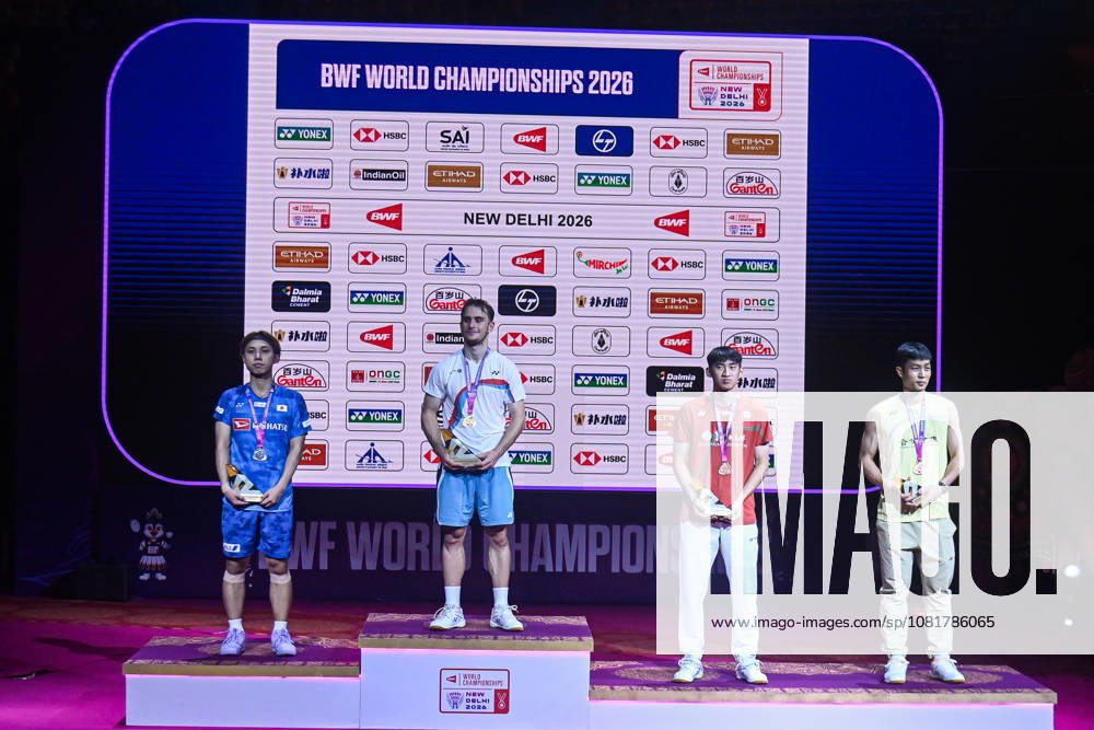 India BWF Championships 2026 Finalists of the Men s Singles category pose with their medals at the BWF World Championships 2026 in New Delhi, India, on August 23, 2026. New Delhi Delhi India