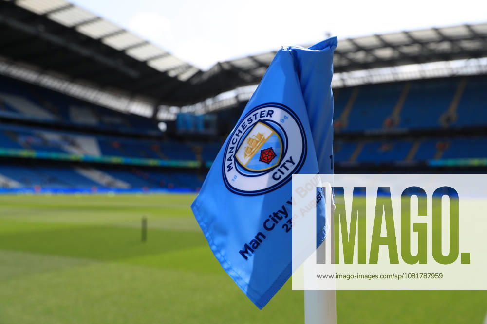 23rd August 2026; Etihad Stadium, Manchester, Lancashire, England; Premier League Football, Manchester City versus AFC Bournemouth; the Manchester City FC crest on.a corner flag DavidxBlunsden