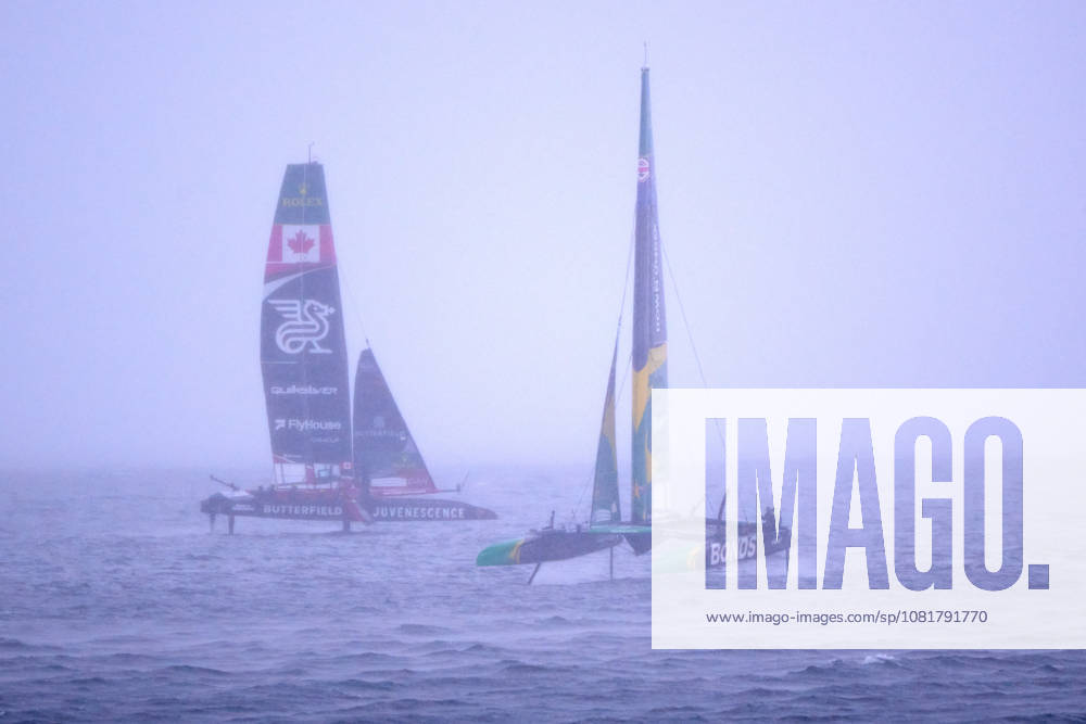 GER, Sail GP, Rockwool Germany Sail Grand Prix, Sassnitz, 22.-23.08.2026, Deutschland, Samstag, 23.08.2026, Renntag 2, BONDS FLYING ROOS - Sail GP Team - Australia; Driver - Tom Slingsby, NORTHSTAR - Sail GP TeaM - CANADA; Driver - Giles Scott, extremer Regen in Sassnitz, GER, Sail GP, Rockwool Germany Sail Grand Prix, Sassnitz, 22.-23.08.2026, Deutschland, Samstag, 23.08.2026, Renntag 2,
