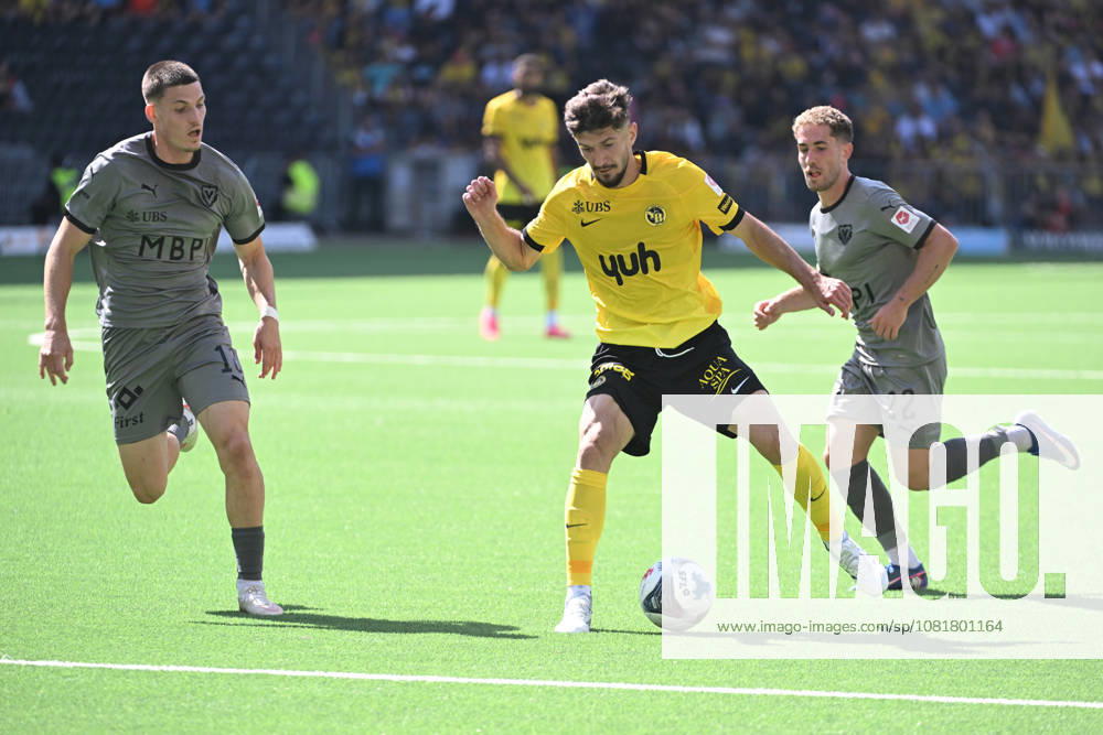 Armin Gigovic of Young Boys c) against Daniel Kasper of Vaduz l) and Mischa Eberhard of Vaduz r) during the Swiss Super League match between BSC Young Boys and FC Vaduz at Stadion Wankdorf on August 23, 2026 in Bern, Switzerland. Bern Stadion Wankdorf Bern Switzerland