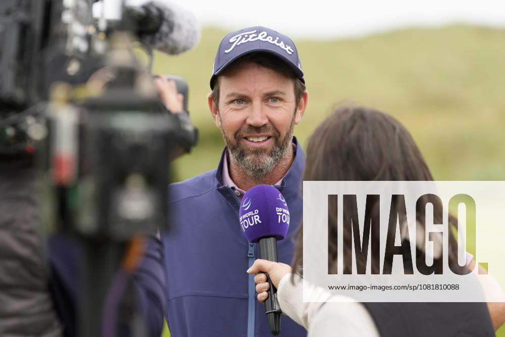 BALMEDIE, SCOTLAND - AUG 23: Scott Jamieson (SCO) is interviewed by DP World Tour after winning The Nexo Championship during Round 4 at the 2026 Nexo Championship at the Trump International Golf Links, Balmedie on August 23, 2026 in Aberdeenshire, Scotland The 2026 Nexo Championship