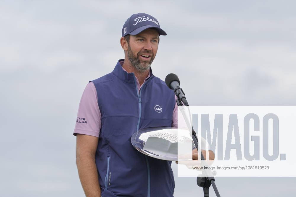BALMEDIE, SCOTLAND - AUG 23: Scott Jamieson (SCO) speaks to the crowd after winning The Nexo Championship during Round 4 at the 2026 Nexo Championship at the Trump International Golf Links, Balmedie on August 23, 2026 in Aberdeenshire, Scotland The 2026 Nexo Championship
