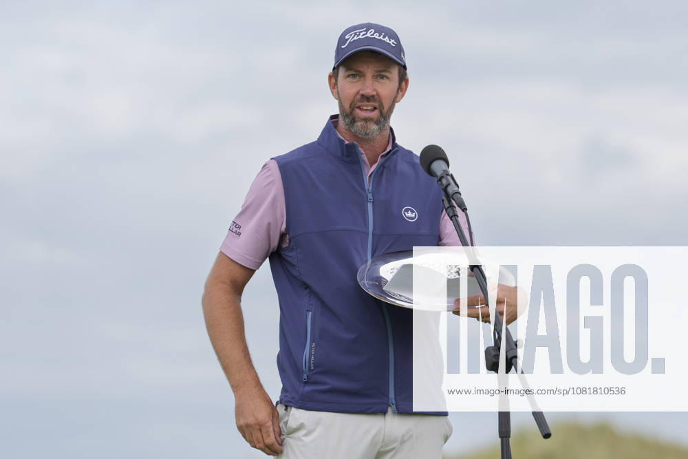 BALMEDIE, SCOTLAND - AUG 23: Scott Jamieson (SCO) speaks to the crowd after winning The Nexo Championship during Round 4 at the 2026 Nexo Championship at the Trump International Golf Links, Balmedie on August 23, 2026 in Aberdeenshire, Scotland The 2026 Nexo Championship