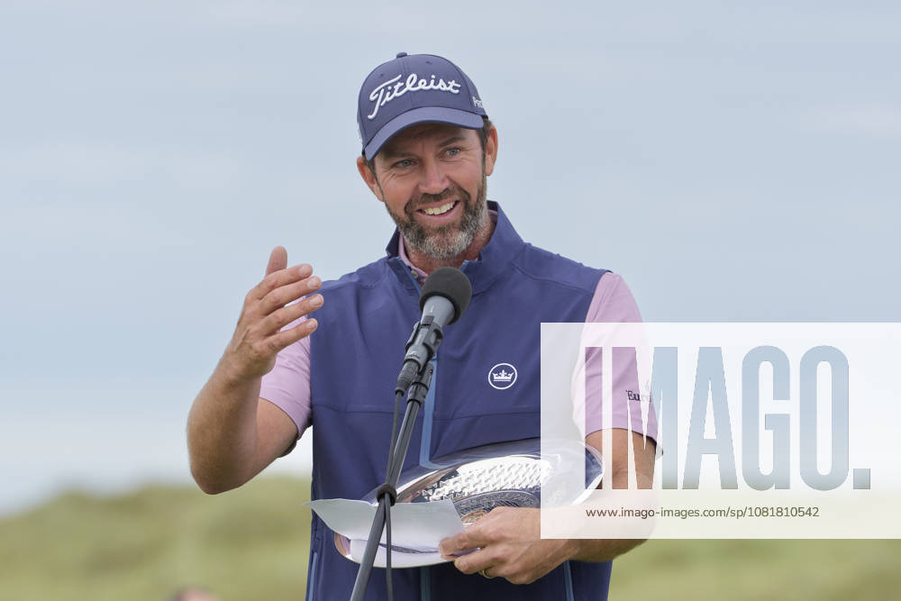 BALMEDIE, SCOTLAND - AUG 23: Scott Jamieson (SCO) speaks to the crowd after winning The Nexo Championship during Round 4 at the 2026 Nexo Championship at the Trump International Golf Links, Balmedie on August 23, 2026 in Aberdeenshire, Scotland The 2026 Nexo Championship