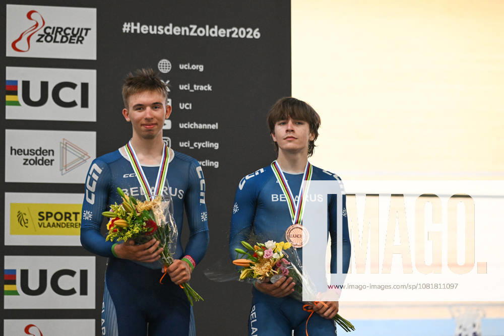 2026 UCI Junior Track World Championships Picture by Mathew Wells SWpix.com - 23 08 2026 - Cycling - 2026 UCI Junior Track World Championships - Heusden-Zolder, Flanders, Belgium - Mens Madison Final - Dzianis Baranouski and Ilya Yankouski of Belarus receiving the Bronze Medal