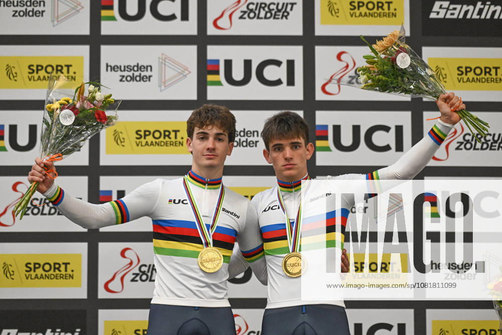 2026 UCI Junior Track World Championships Picture by Mathew Wells SWpix.com - 23 08 2026 - Cycling - 2026 UCI Junior Track World Championships - Heusden-Zolder, Flanders, Belgium - Mens Madison Final - Nicola Padovan and Paolo Marangon of Italy wins the Gold Medal