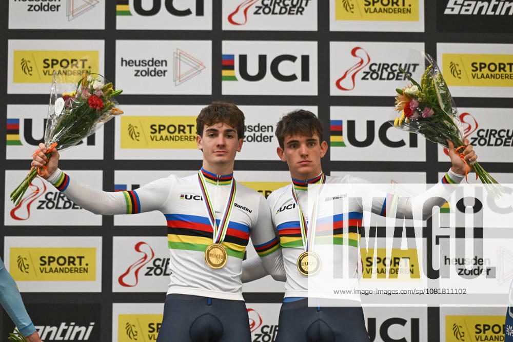 2026 UCI Junior Track World Championships Picture by Mathew Wells SWpix.com - 23 08 2026 - Cycling - 2026 UCI Junior Track World Championships - Heusden-Zolder, Flanders, Belgium - Mens Madison Final - Nicola Padovan and Paolo Marangon of Italy wins the Gold Medal